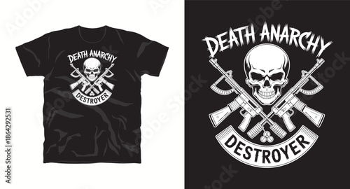 Death anarchy destroyer skull with crossed rifles graphic design for t-shirt print vector illustration