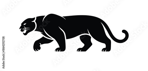 Powerful black panther prowling with intense gaze and sharp teeth on white background