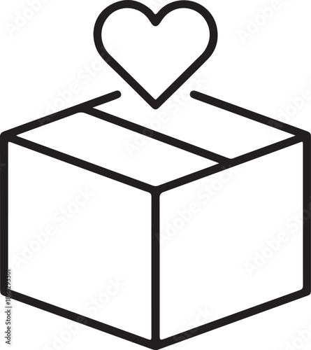 An outline icon showing a generous heart gently dropping into an open box for giving