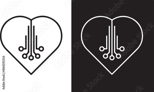 Modern heart symbols feature intricate circuit board patterns, representing digital health and artificial intelligence