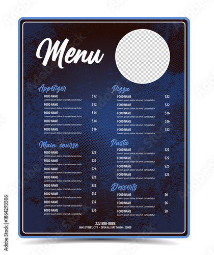 Blue Restaurant menu modern design layout with copy space for food picture