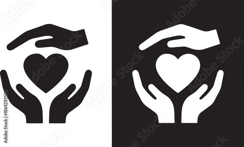 Two contrasting icons depict caring hands gently holding a symbolic heart on opposing monochrome backgrounds