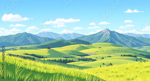 green grass and blue sky landscape, natural meadow background, grassy land scenery, blue sky field view, fresh outdoor nature, spring countryside scene, open grass meadow, peaceful nature landscape, s