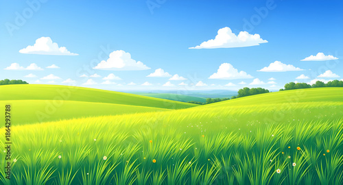 landscape with green grass and blue sky, green grass field, blue sky background, natural meadow scenery, fresh countryside landscape, open grassy land, peaceful nature view, sunny outdoor field, clear