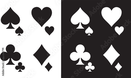 A graphic display of classic playing card suit symbols including spades hearts clubs and diamonds in contrasting colors