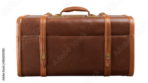 isolated old vintage brown leather suitcase on a transparent background