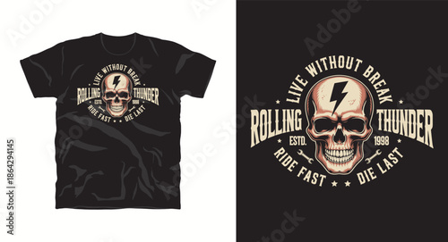 Rolling thunder motorcycle emblem with skull and lightning bolt symbol