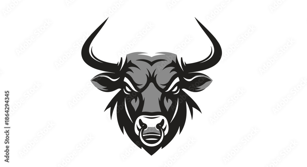 Obraz premium Powerful bull head mascot illustration in grey and black with a nose ring and an aggressive expression for sports logos.