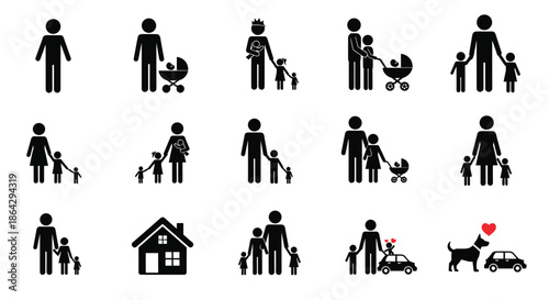 Diverse set of black family icons showing parents children babies strollers and pets in various combinations on white.