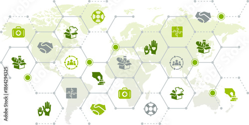 global donation & charity vector illustration. Green concept with world map & icons related to charitable projects & international humanitarian aid, volunteering or disaster relief & support.