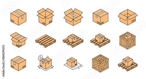 Isometric icons of cardboard boxes in various states and wooden pallets for shipping and global logistics concepts.