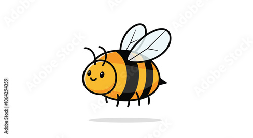 Adorable cartoon illustration of a smiling honey bee in flight with a soft shadow isolated on a white background.