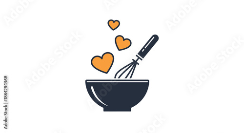 Dark blue bowl with whisk and floating orange hearts representing cooking with love and passion for home recipes.
