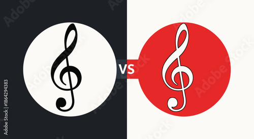 Comparison of two music treble clef symbols in black and white against a red circle background for artistic design.