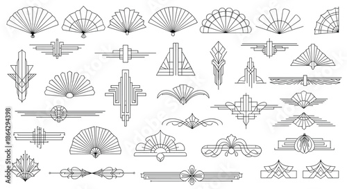 Large collection of intricate art deco line art elements including decorative fans and architectural divider designs.