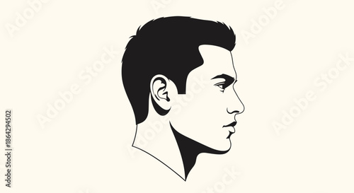 Minimalist black and white profile illustration of a young man with a modern haircut on a light cream background for portrait themes.