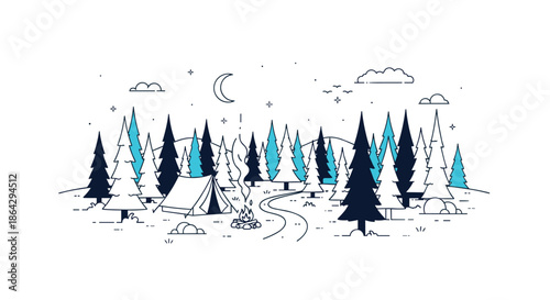Serene line art illustration of a forest campsite with a tent, campfire, and winding path under a crescent moon at night.