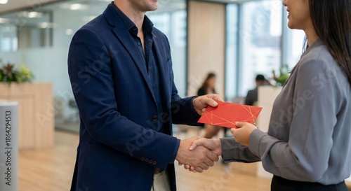 Business People Exchange Red Envelope and Shake Hands in Office