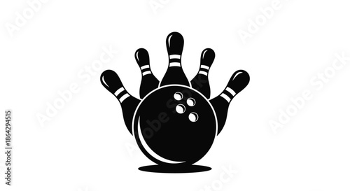 Bold black silhouette of a bowling ball and several pins being struck for sports, competition, and leisure activity designs.