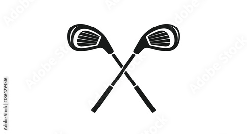 Symmetrical black silhouette of two crossed golf clubs for sports club branding, tournaments, and leisure activity promotion.