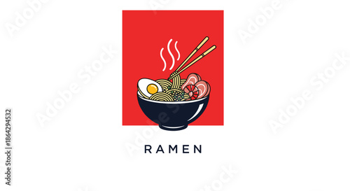 Vibrant illustration of a bowl of ramen with noodles, egg, pork, and shrimp on a red square background with text below.