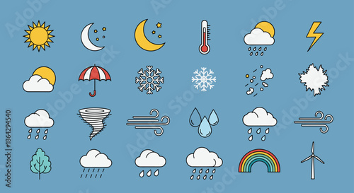 Large set of colorful weather icons representing various atmospheric conditions like sun, rain, snow, wind, and thunderstorms for apps.