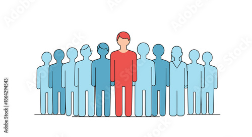 Stylized illustration of a large group of diverse people silhouettes in shades of blue with one prominent red leader figure.