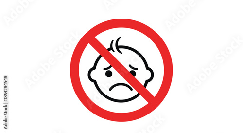 Prohibitory red and black sign with a sad baby face icon crossed out to indicate an area where infants are not permitted.
