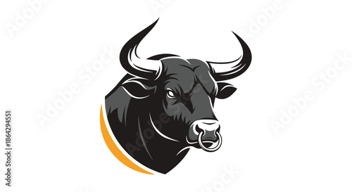 Powerful black and white illustration of a bull's head with sharp horns and a nose ring for sports mascot or branding.