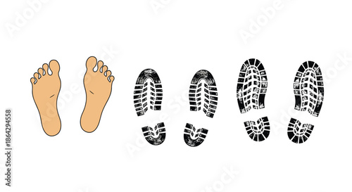 Set of footprints showing bare human feet and two different styles of shoe tread marks for tracking and path identification.