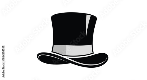 Classic black top hat with a grey ribbon illustrated in a bold and clean graphic style for formal and magic themes.