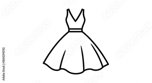 Elegant sleeveless v-neck flared dress line art illustration for fashion design, coloring book, and creative apparel projects.