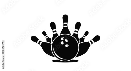 Bowling ball hitting a set of pins in a strike motion represented in black and white silhouette on white background.