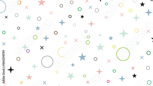 Colorful star and circle pattern on white background, festive design elements scattered randomly, pastel colors and black shapes, creative abstract composition