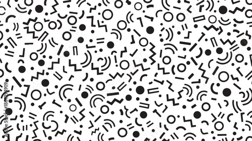 Black and white abstract memphis pattern with geometric shapes and lines on white background for design and decoration with texture and graphic