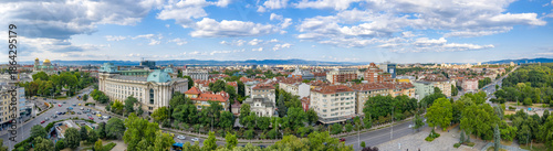 Sofia, Bulgaria - July 26, 2024: Aerial Panoramic View of Sofia City Center featuring Sofia University and Alexander Nevsky Cathedral