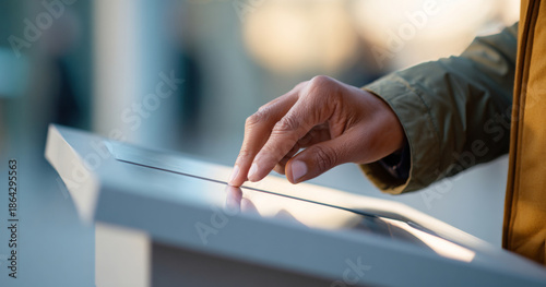 Close-up of a person using a touchscreen kiosk outdoors with finger tapping on the interactive display