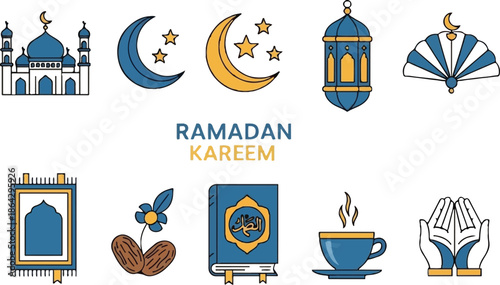 Colorful Ramadan Kareem flat icon set in blue and gold theme