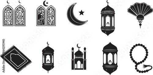 Ramadan Kareem and Eid Mubarak Silhouette Icon Set