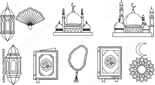 Islamic religious symbols set with mosque Quran and lantern outlines