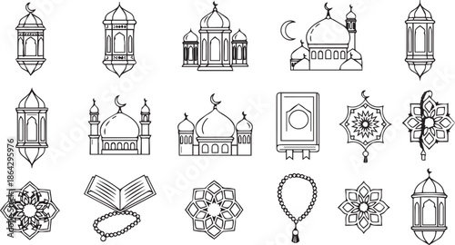 Comprehensive Islamic outline icon pack for religious festival branding