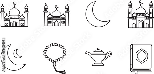 Arabic cultural element collection featuring mosque icons desert silhouettes and ornamental frames
