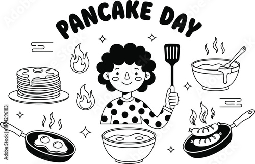 Pancake day celebration silhouette with a happy child and cooking utensils