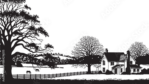 A serene rural landscape features a rustic cottage and an old church nestled among autumn trees and green grass under a clear sky