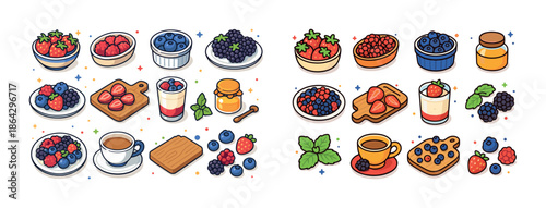 Colorful assorted berry desserts with honey and tea
