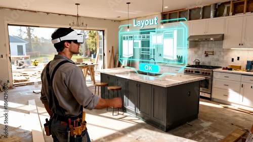 A construction worker in a tool belt uses an AR headset to visualize a kitchen cabinet layout in a house under renovation with holograms