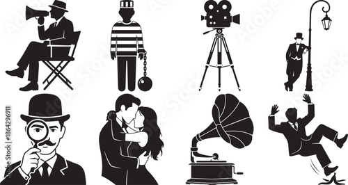 Vintage mystery film and music set with detective prisoner director and actor silhouettes