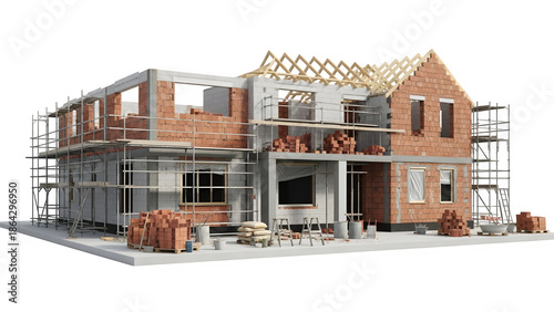 Modern twostory house under construction with scaffolding and building materials, isolated on transparent background