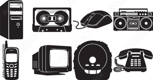 Set of retro vintage technology electronics silhouettes including computer audio cassette television and phone.