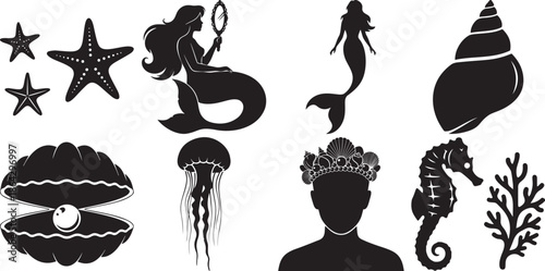 Underwater marine life and mythical mermaids black silhouettes set ocean wildlife vector collection.